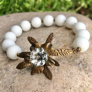 Lotus Flower Bracelet, Beaded Bracelet, Natural Stone Matte White Howlite